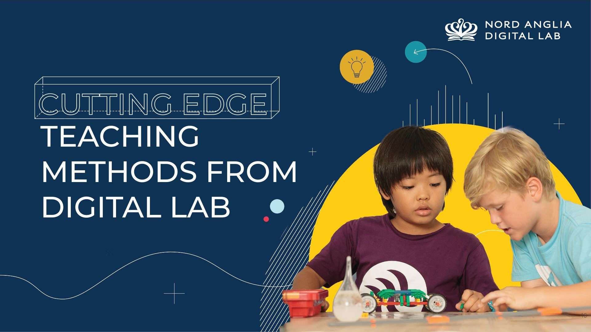 Digital Lab design composition with two children against a blue background