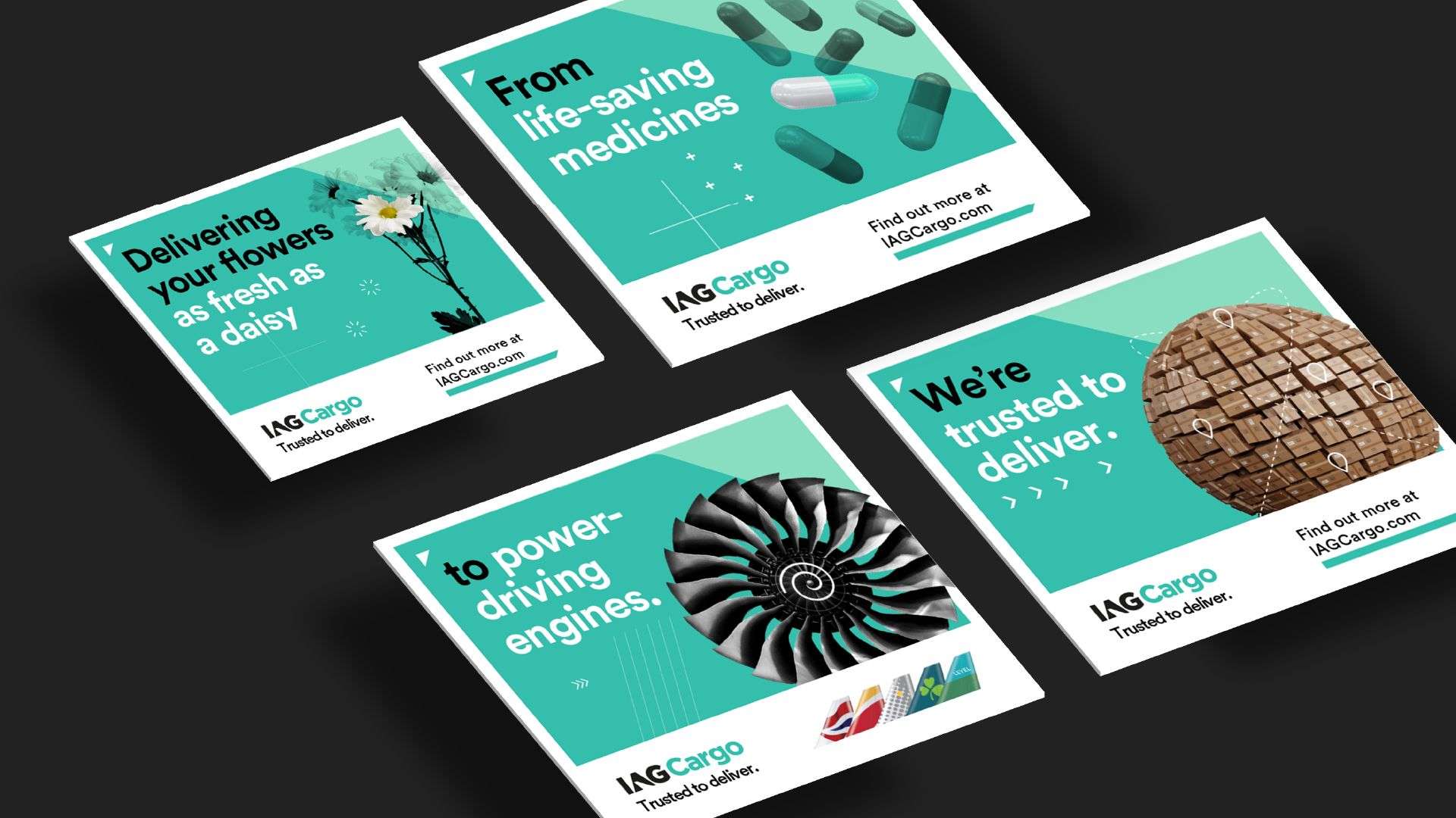 IAG Cargo brand ads, with product imagery and heading on teal background laid out in mock-up