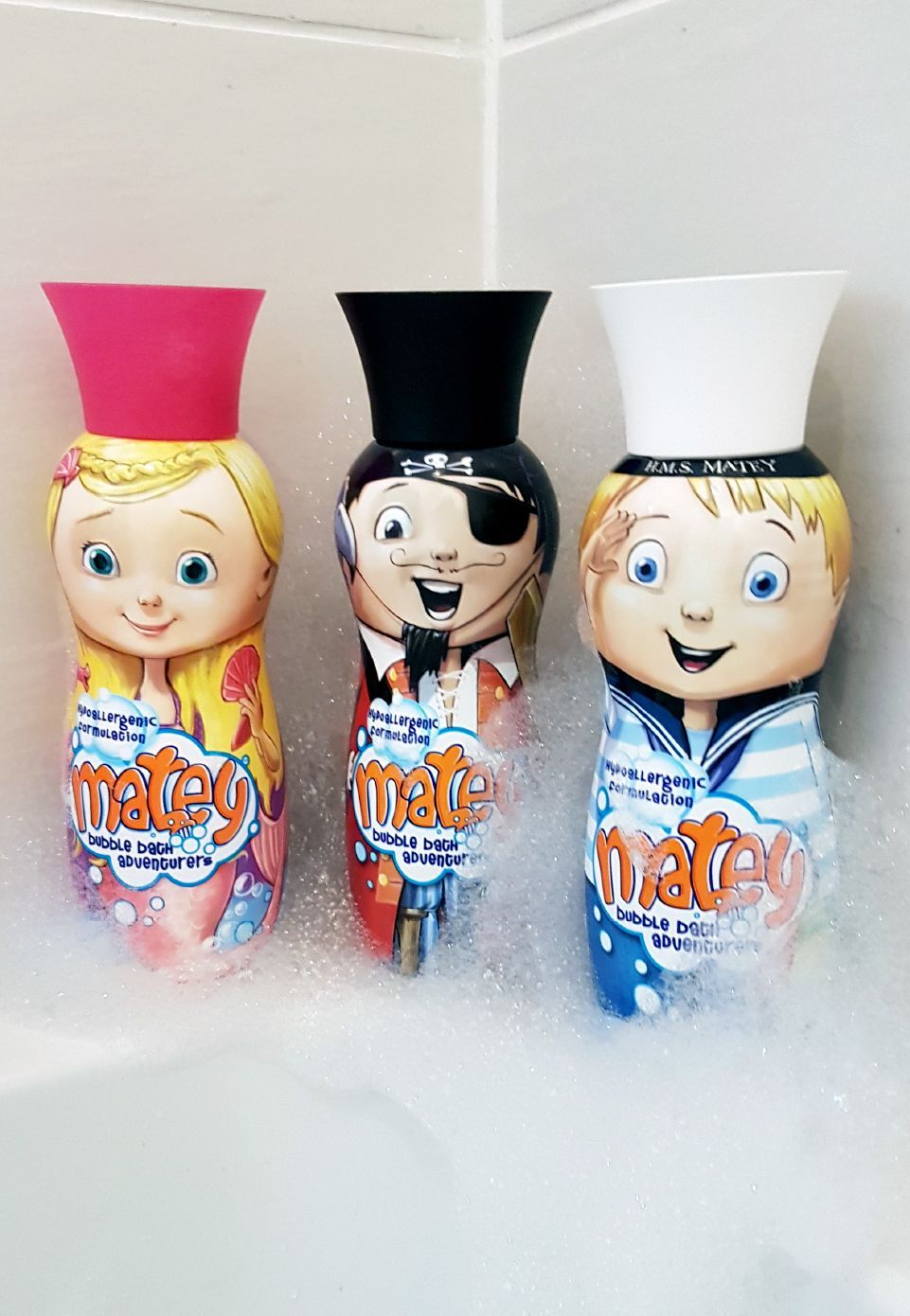 Matey bottles in a bathroom