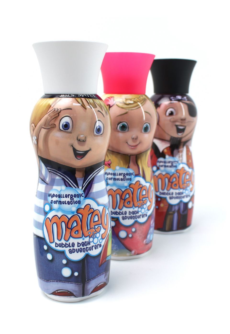 Matey bottles in a line on a white background