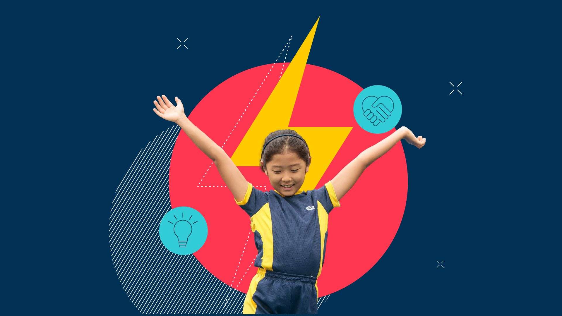 A girl stood in front of a lightening bolt emblem with icons of lightbulb and hands/heart