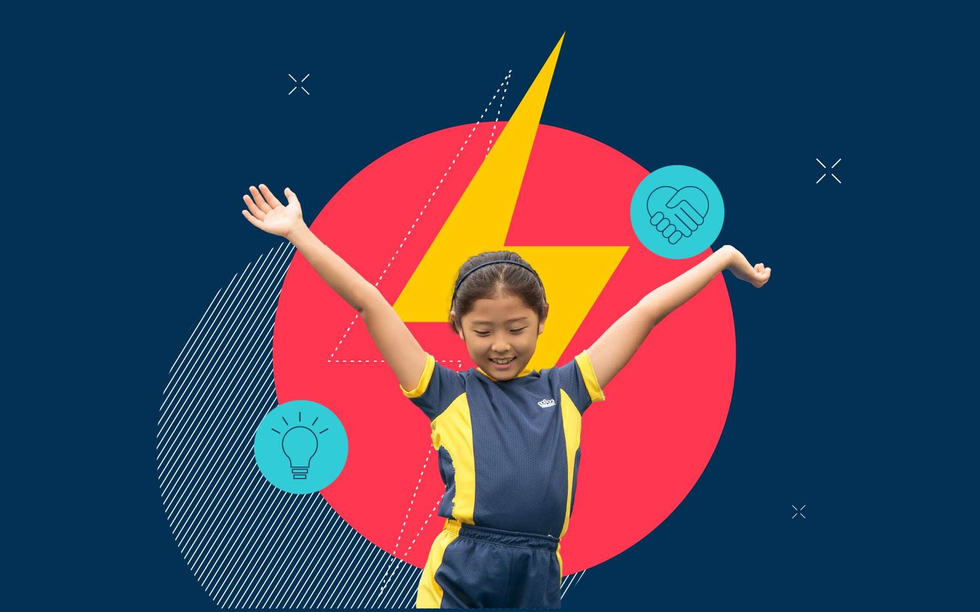 A girl stood in front of a lightening bolt emblem with icons of lightbulb and hands/heart