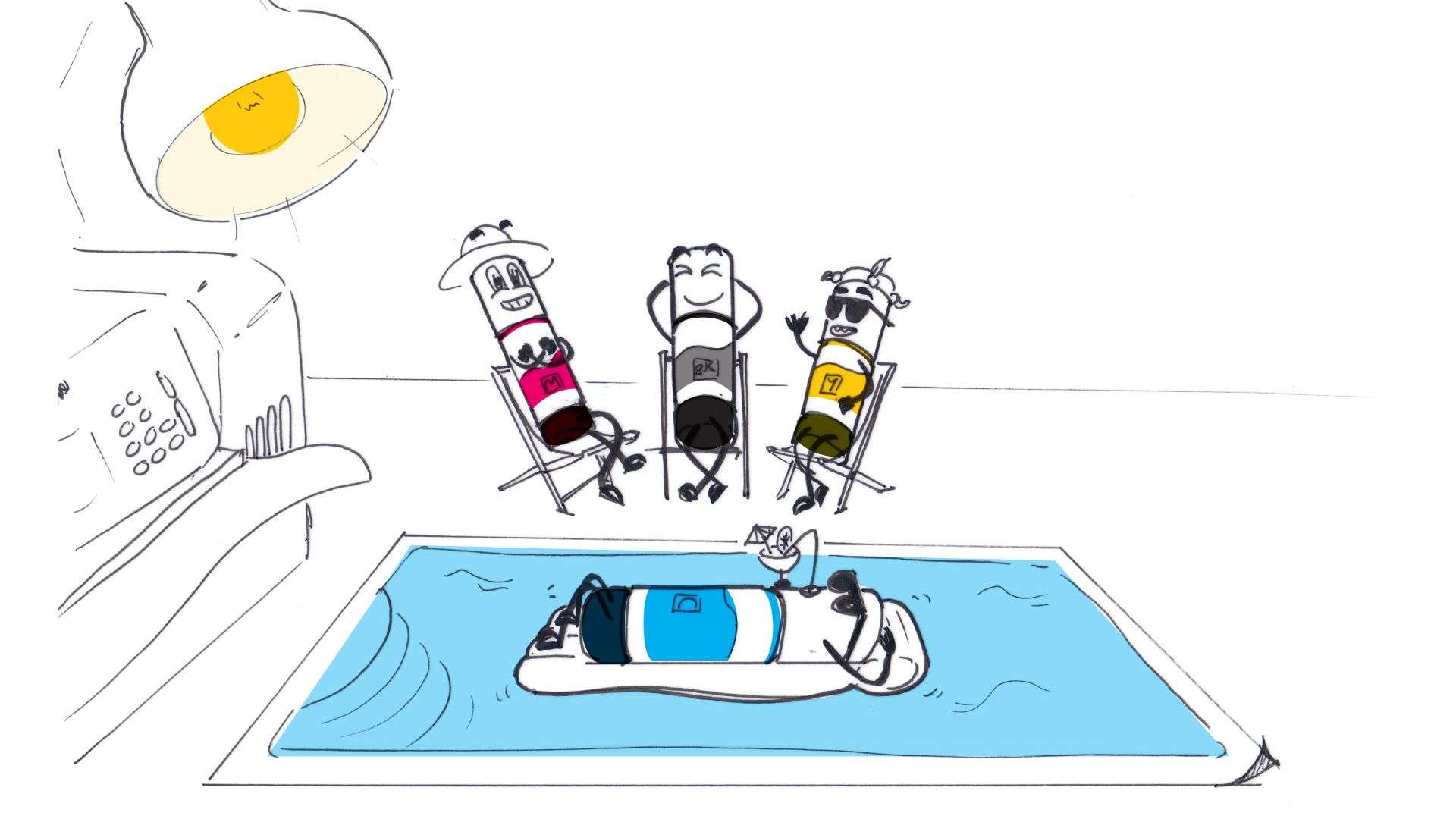 A sketch of ink bottle characters lounging around a pool