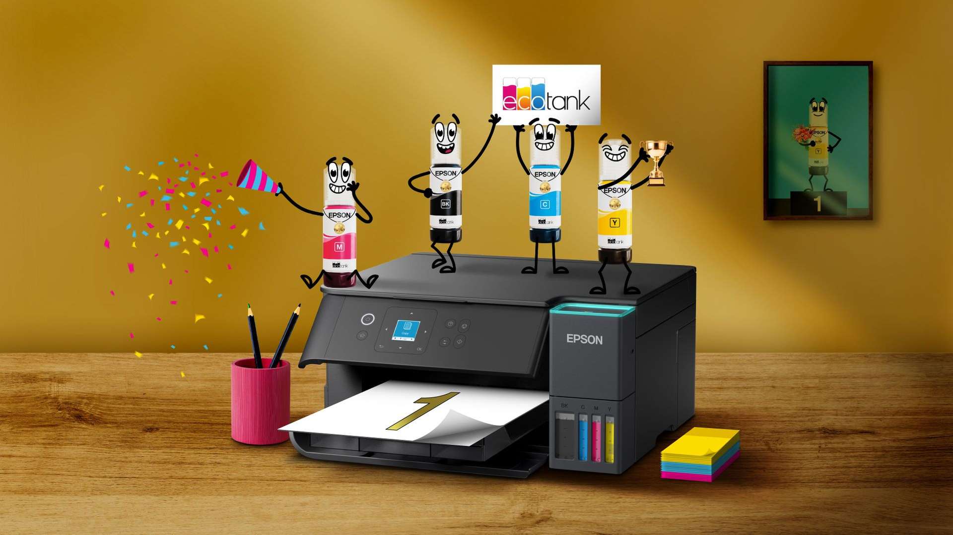 Ink bottle characters celebrating on top of a printer