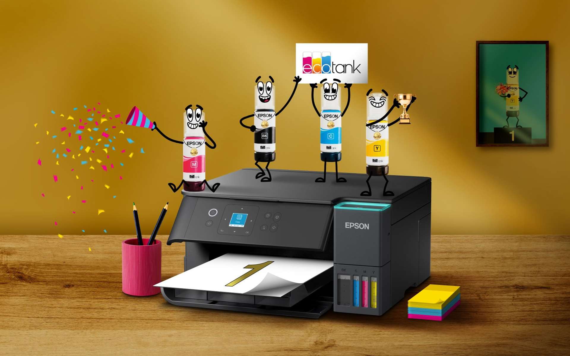 Ink bottle characters celebrating on top of a printer