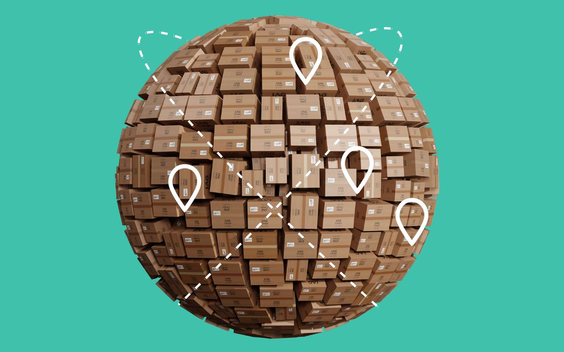 3D render of a spherical globe made out of IAG Cargo boxes