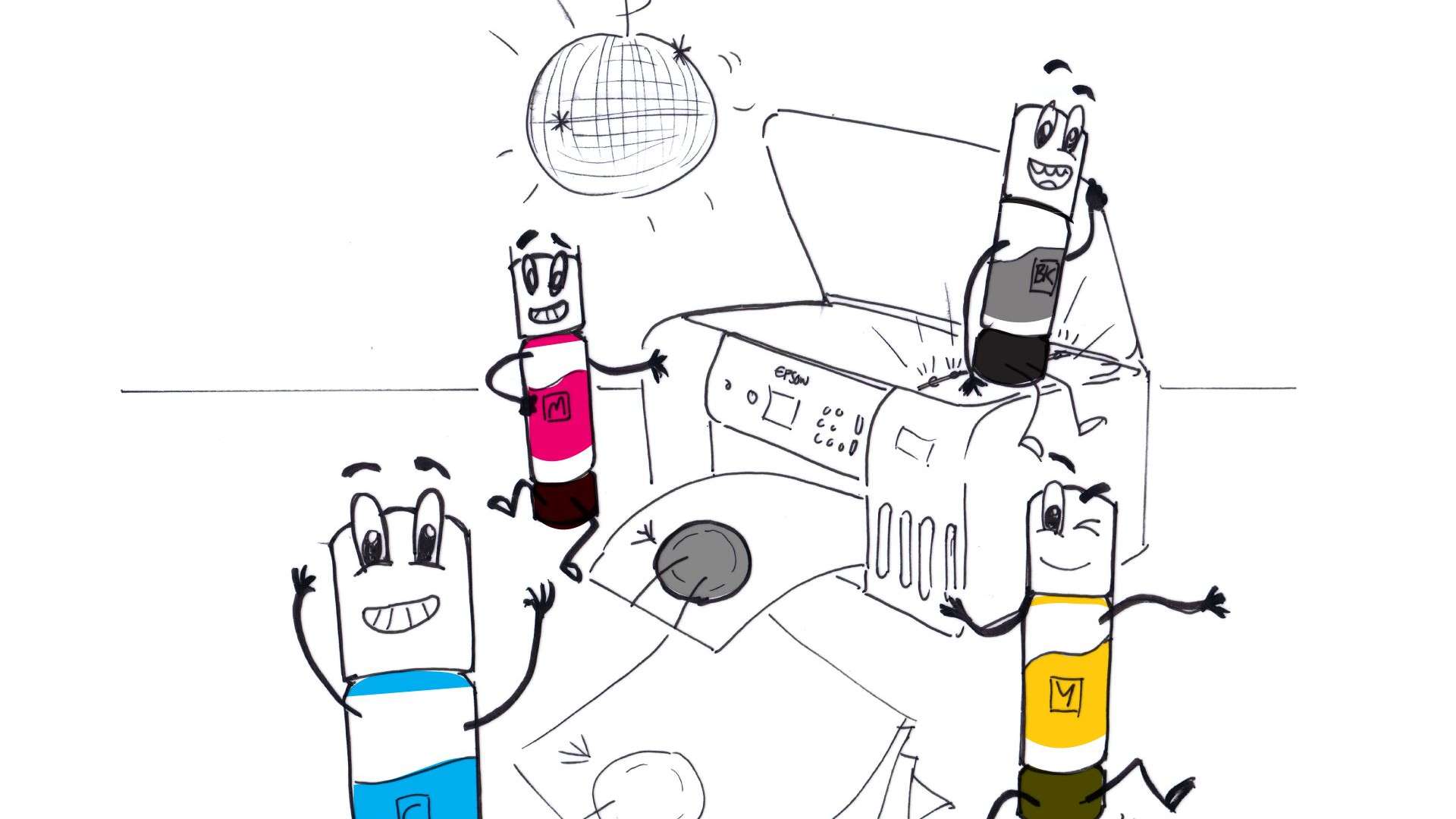 Ink bottle characters having an office party