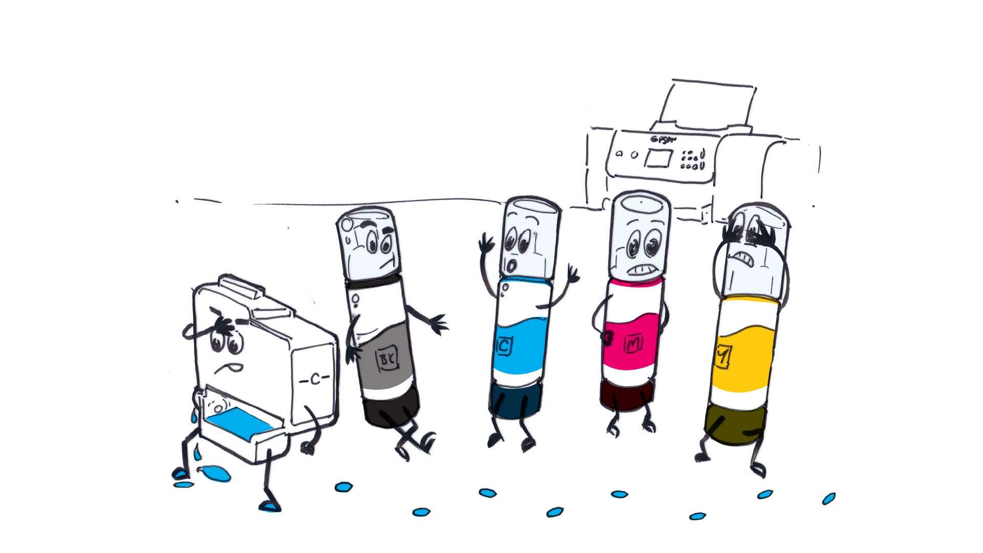 Ink bottle characters and a cartridge with spilled ink