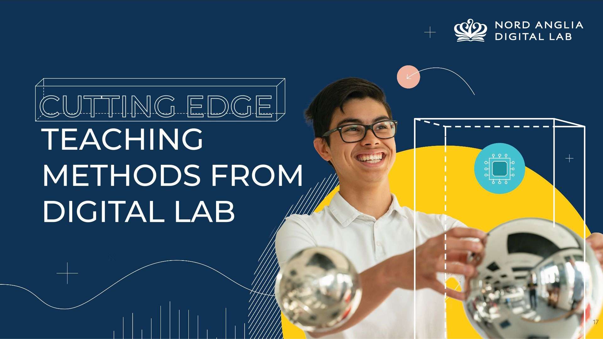 Digital Lab design composition with a boy against a blue background