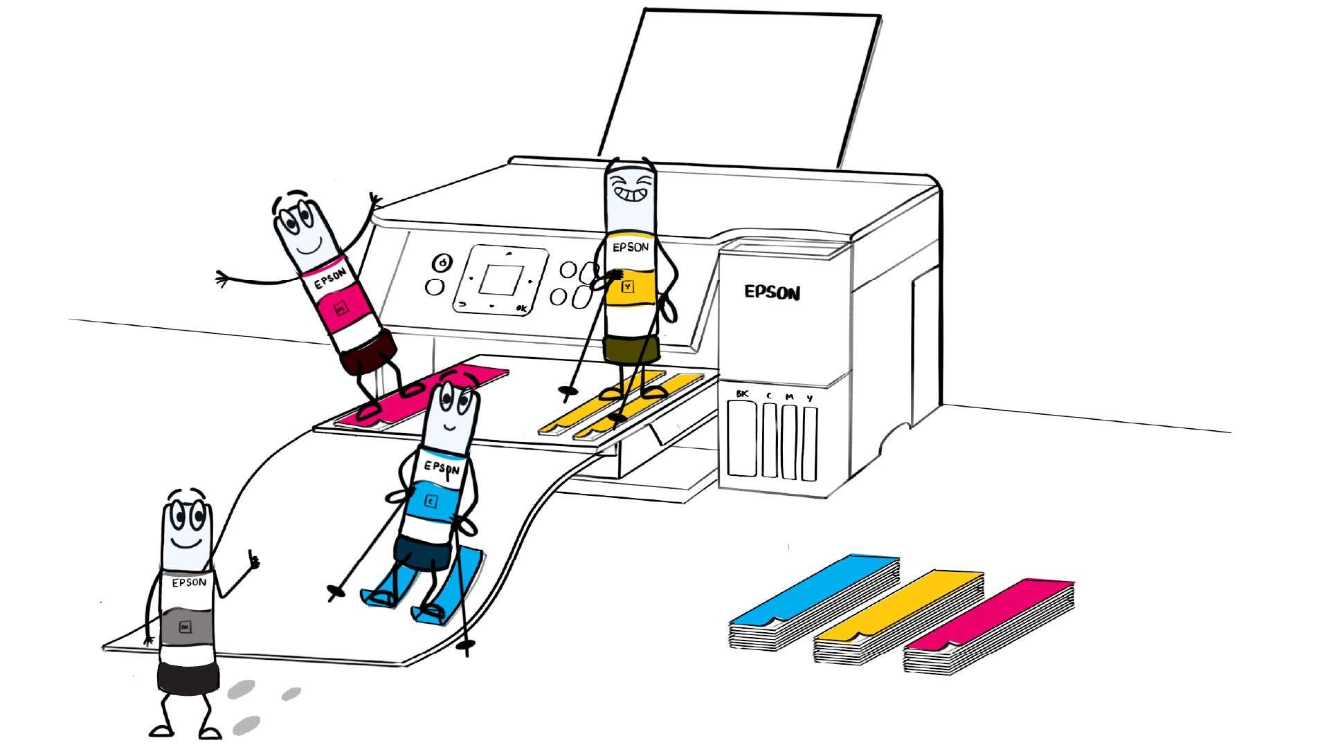 Ink bottle characters skiing down A4 paper