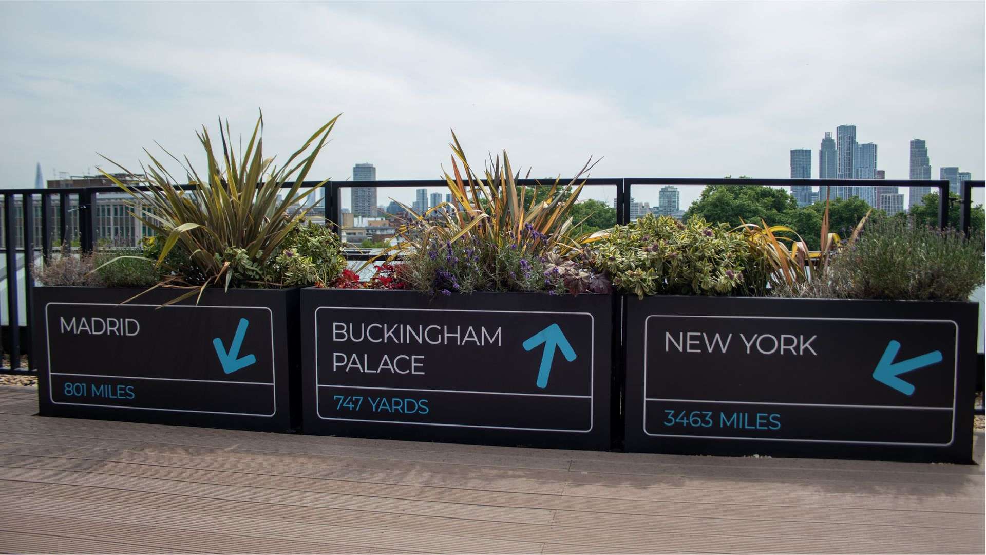 London skyline beyond rooftop space with planters