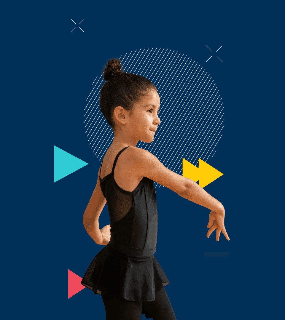 A young child dancing placed on a dark blue background with colour arrows