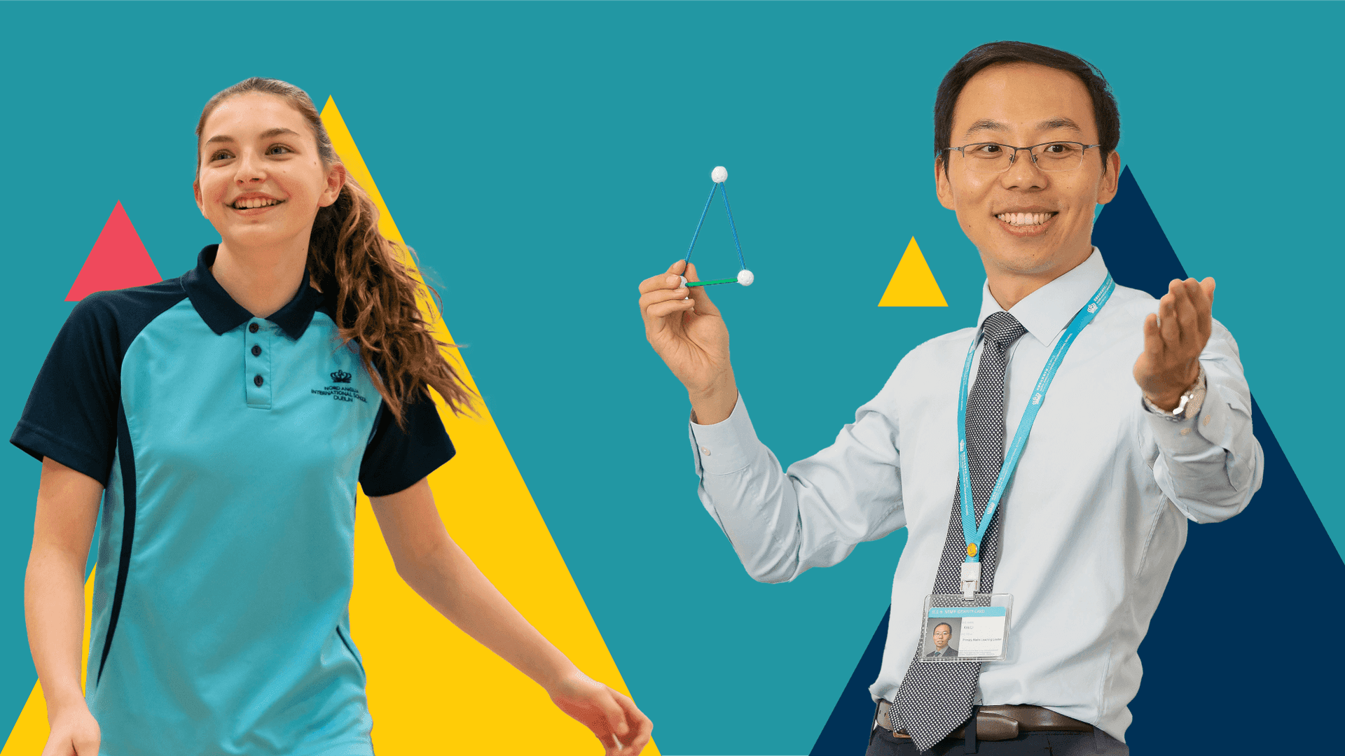 A teenage girl and a teacher against a teal background with colour triangles
