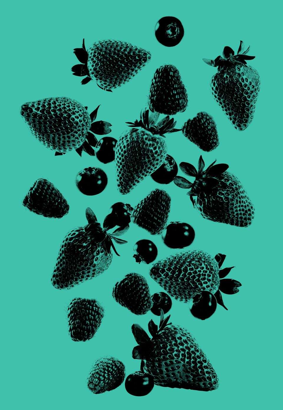 Black and white photo of berries failling, against teal coloured background