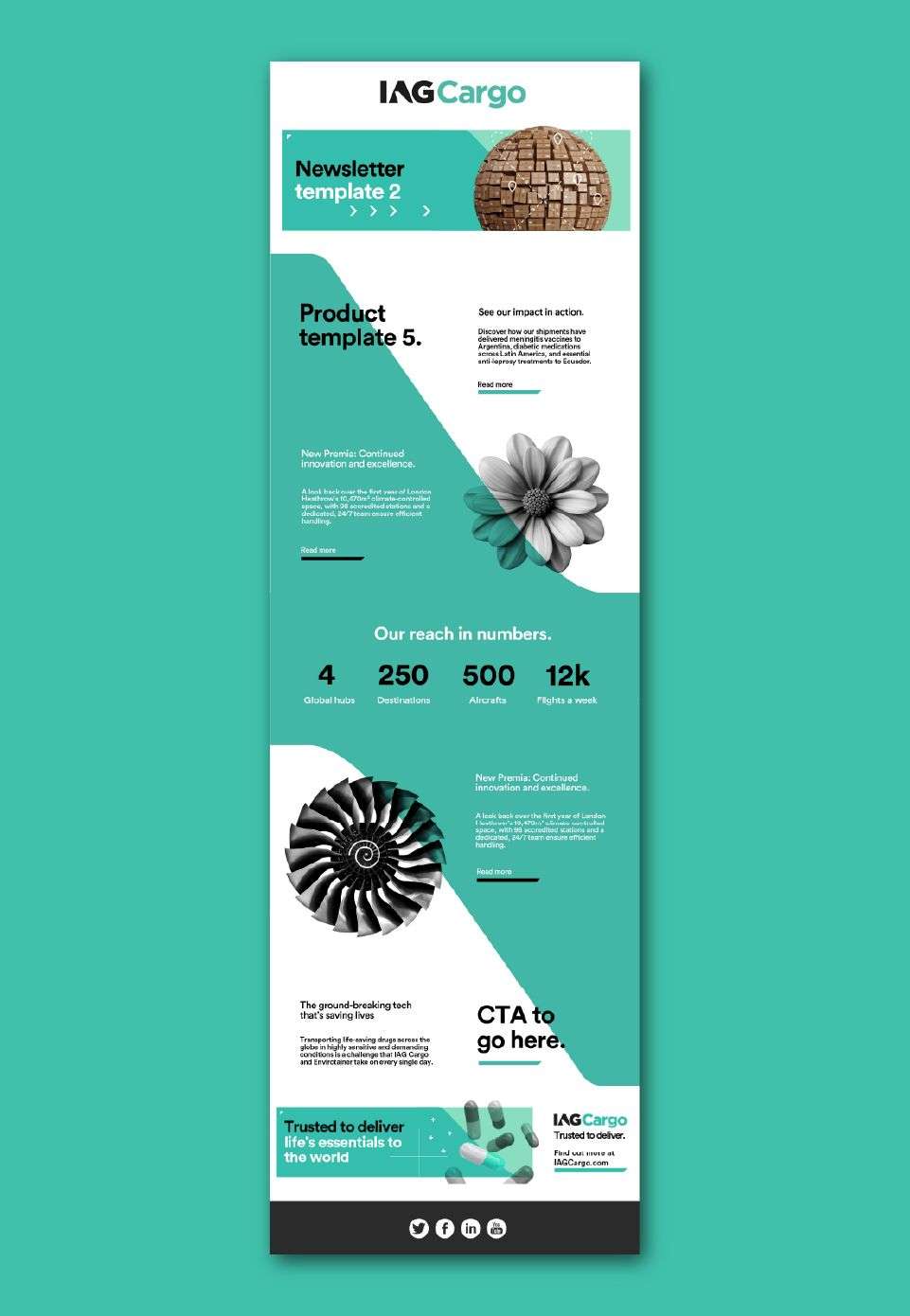 IAG Cargo email campaign design, laid out in mock-up against teal colour background