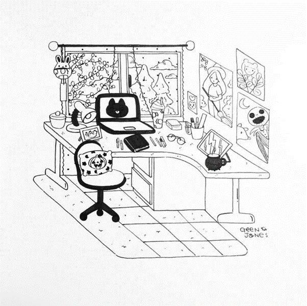 Ink artwork of an office for inktober