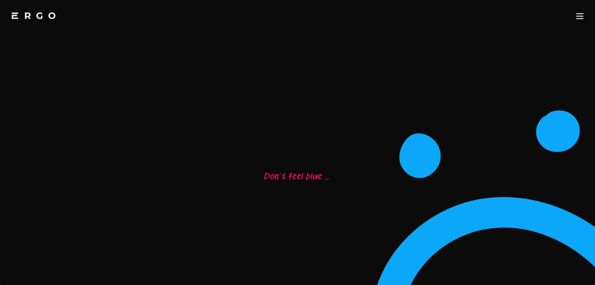 A big blue sad face on a black background