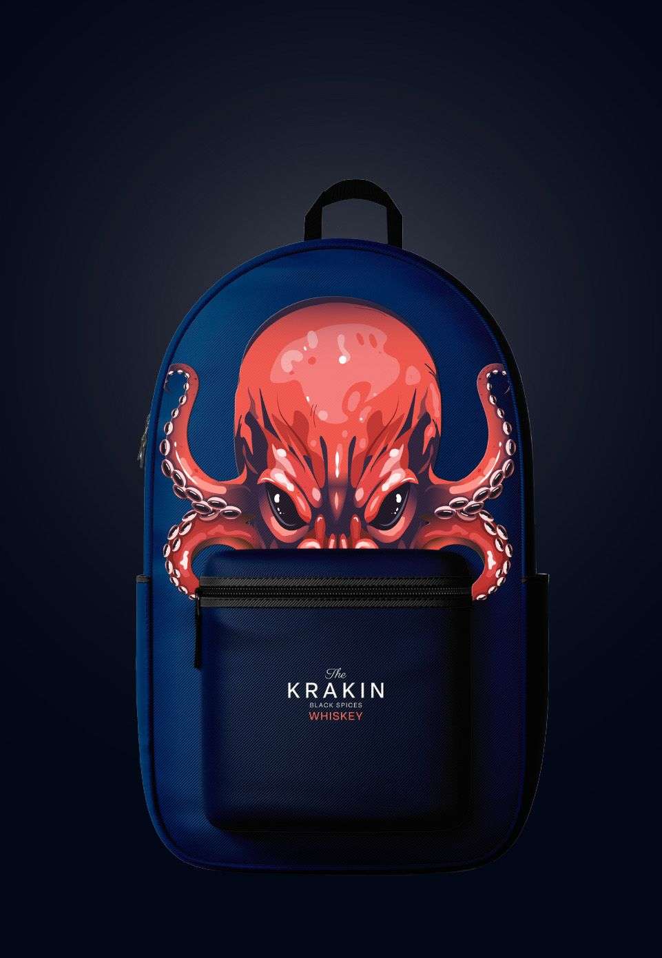 Krakin merchandise design - backpack in dark blue with dark orange kraken